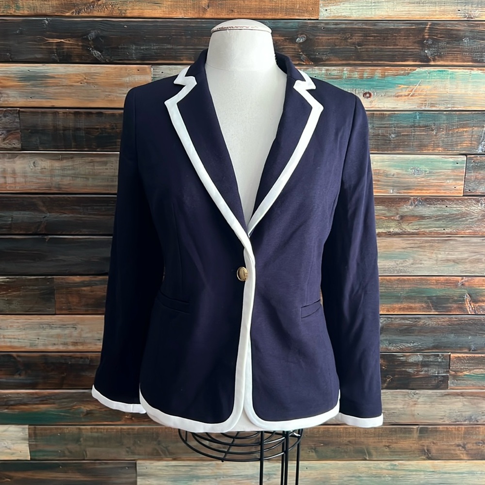 Talbots 8p Italian knit navy blue & white blazer jacket NWT